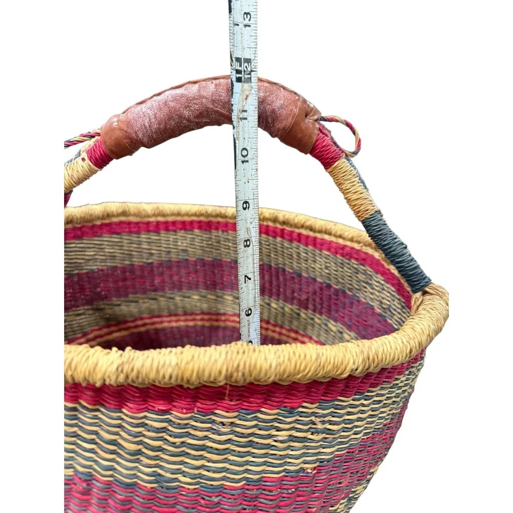 Handwoven Woven Market Basket Leather Handle Boho Storage Farmhouse Decor Tote